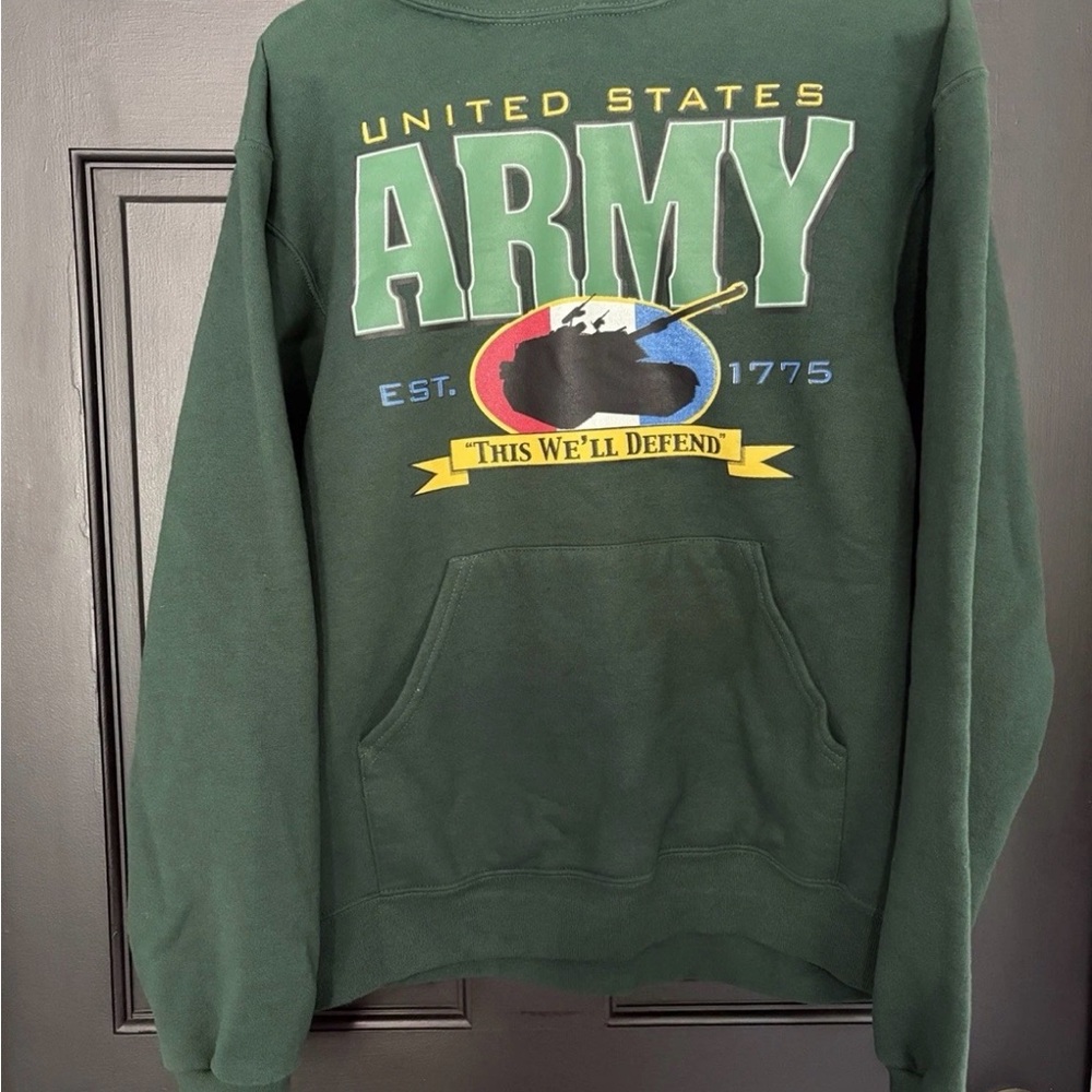 Jerzees US Army Dark Green Hoodie This We’ll Defend  Men’s Size Medium No String